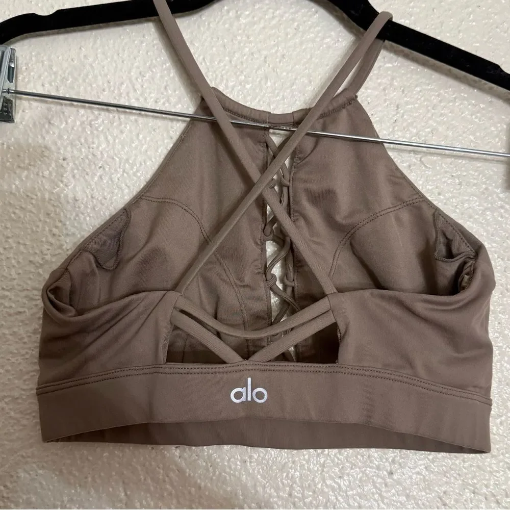 Alo Yoga Starlet Lace Up High Neck Sports Bra in Smoky Quartz tan color Size XS
